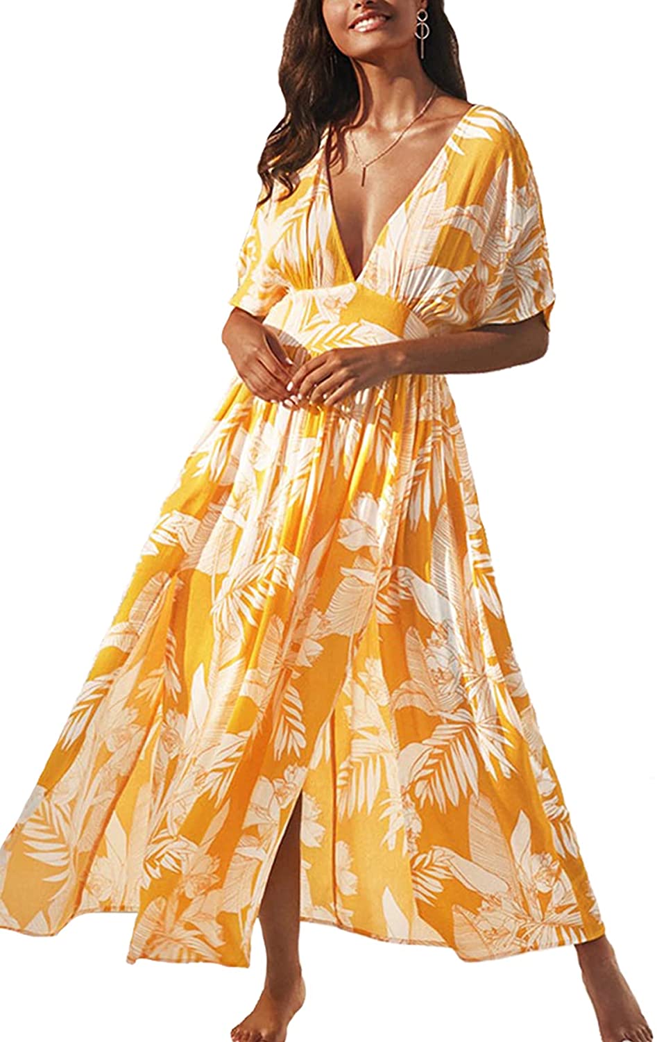 Dress for Women Summer Midi Dress V Neck Button Elastic Waist Cut Out Back 3/4 Sleeves Floral Printed