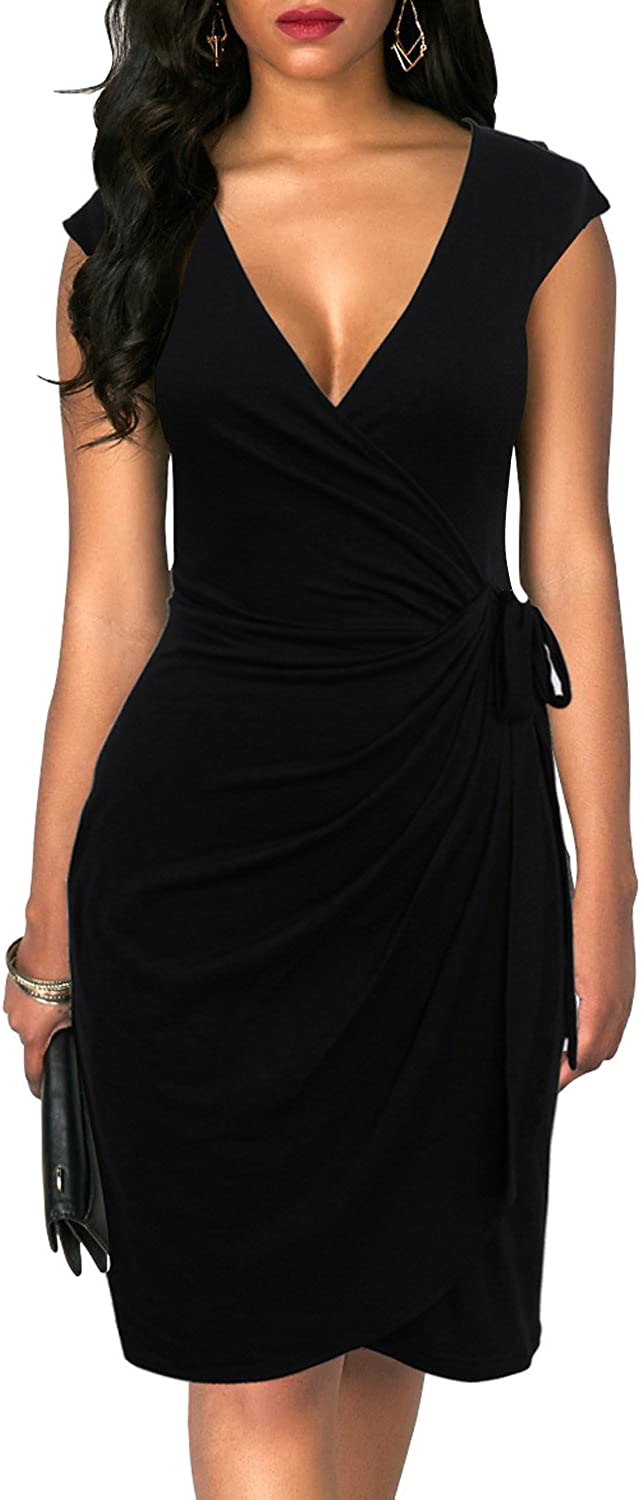 Women's Vintage V-Neck Sheath Casual Party Work Faux Black Wrap Dress