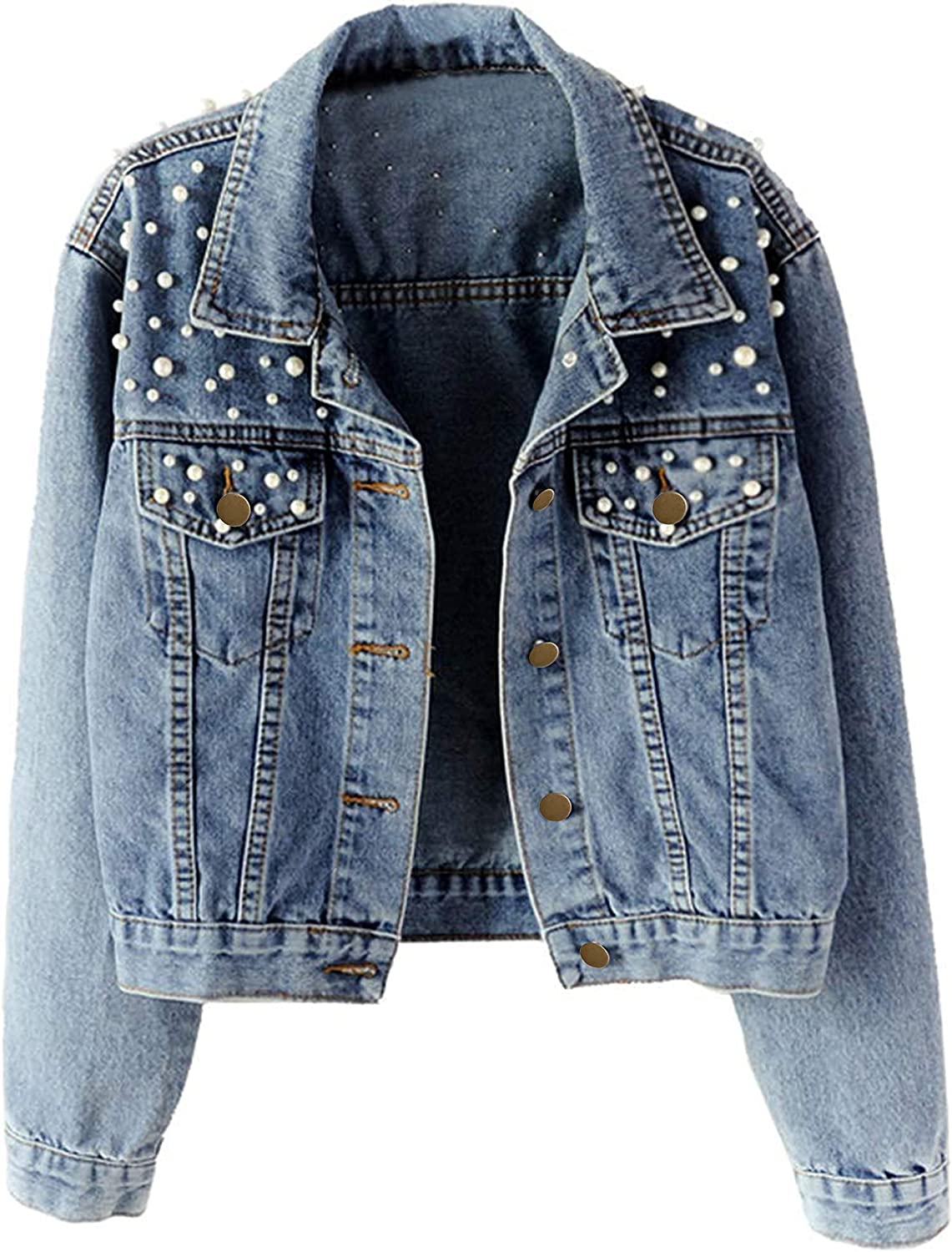 Tanming Women's Casual Embroidered Pearls Beading Denim Jacket Jean Coat
