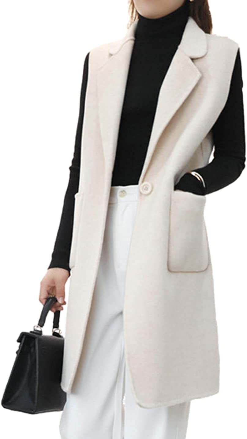 PUWEI Women's Notched Lapel Outerwear Vest Sleeveless Pocket Midi Wool Blazer Jacket