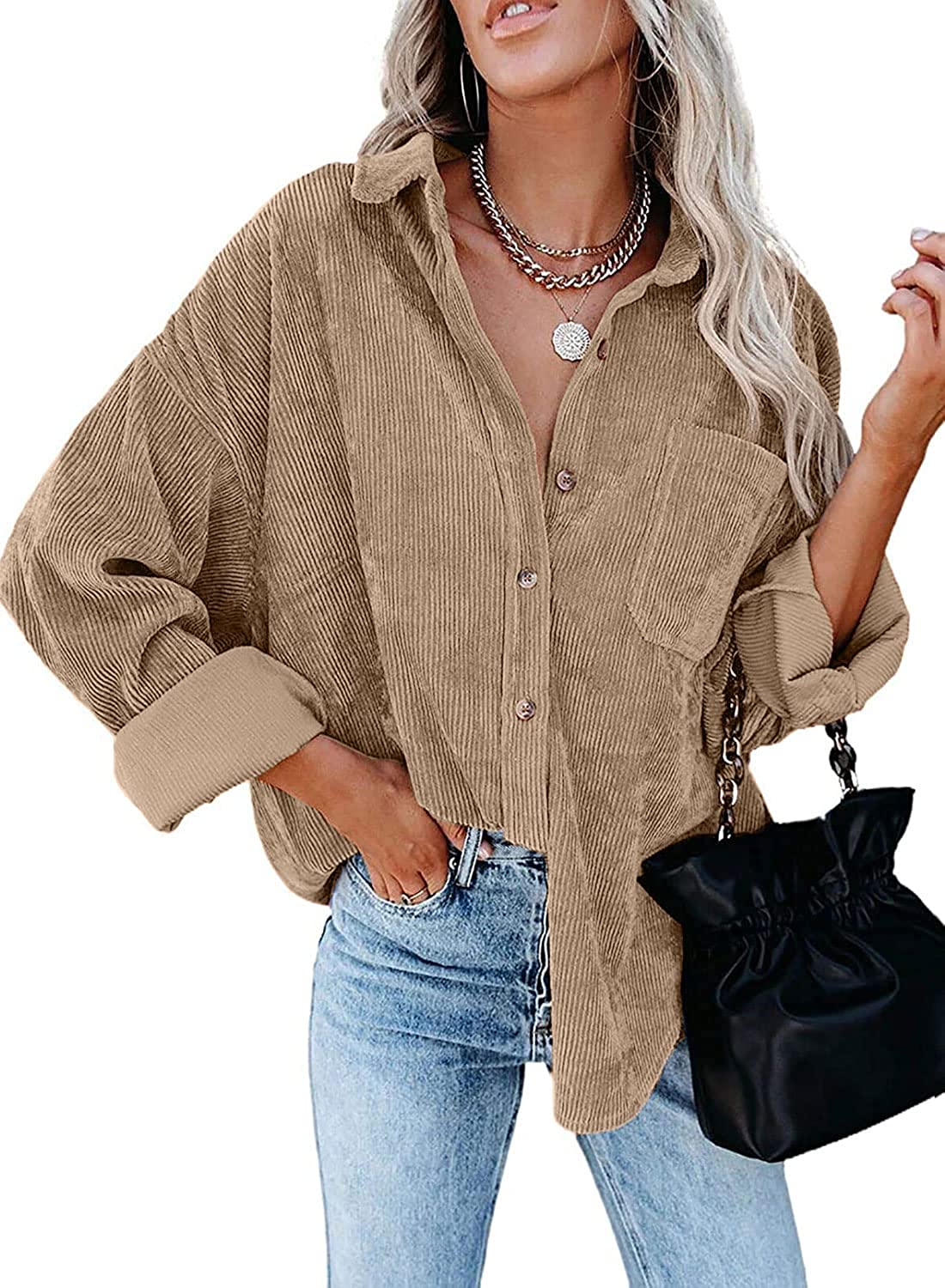 MIHOLL Women Corduroy Long Sleeve Button Down Collared Shirt Jacket Tops