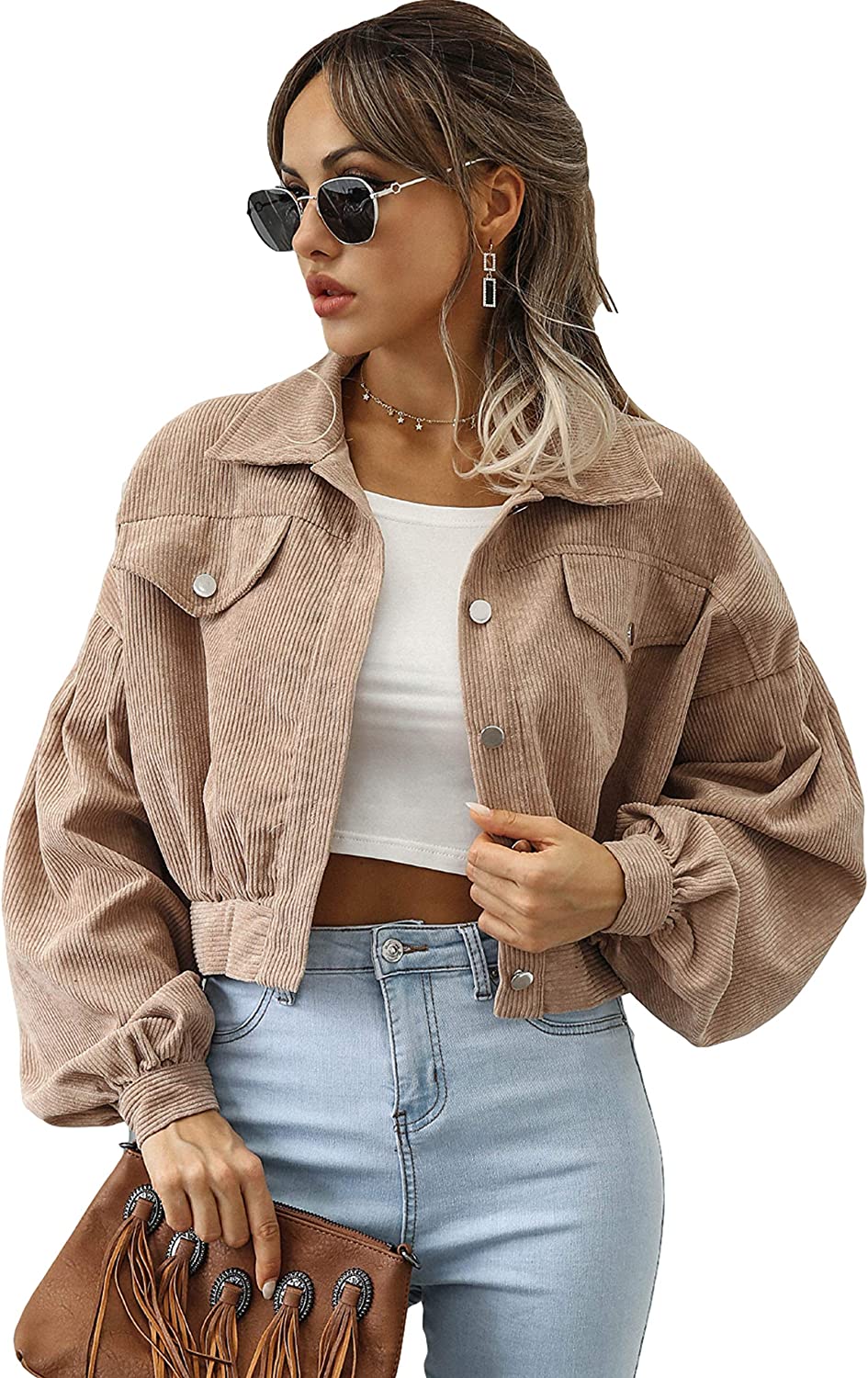 Qiaomai Womens Corduroy Jacket Loose Button Up Puff Sleeve Cropped Solid Jacket Coat