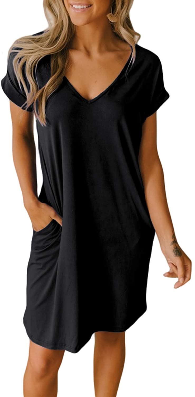 Women V-Neck Short Sleeve Dresses Solid Color Casual Loose Fit T-Shirt Tunic Short Dress Pajamas with Pockets