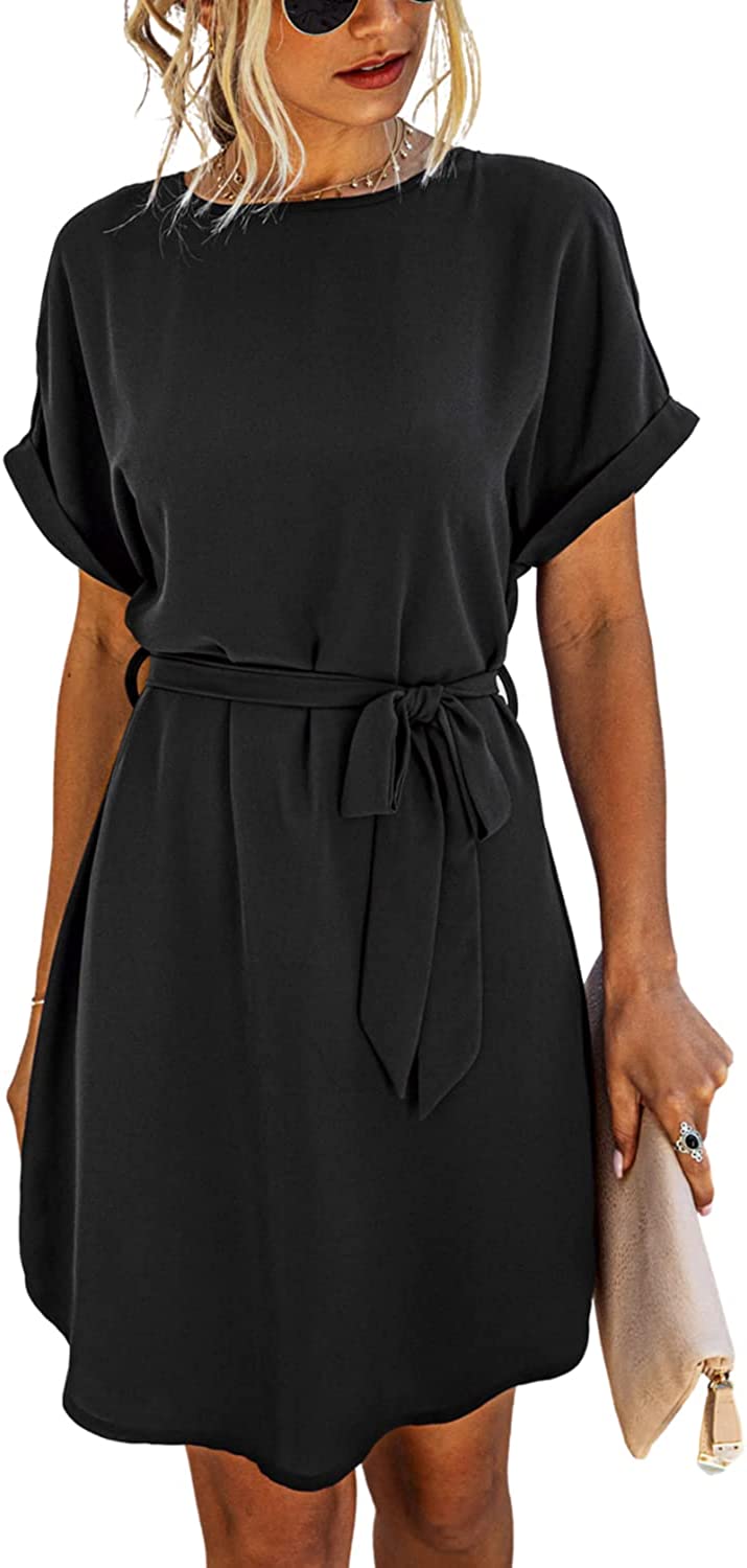 Women's Summer Solid Crew Neck Tunic Sundresses Self-Tie Short Sleeves Mini Dress