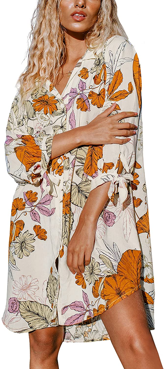 Women Floral Shirt Dress Cover Up Beach Dress 3/4 Sleeve Button Down Midi Length Dress White Yellow