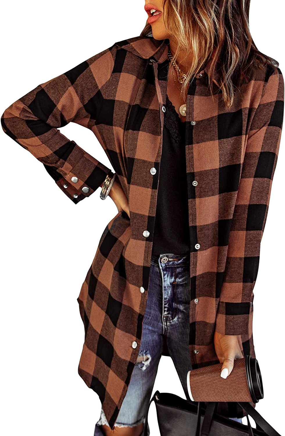 EVALESS Color Block Plaid Shacket Jacket Women Cute V Neck Long Sleeve Button Down Blouses Tops Flannel Shirts Jackets Coats