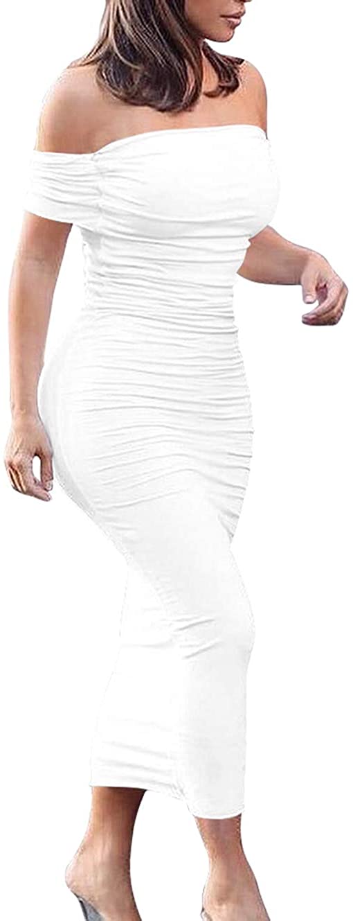 Women's Ruched Off Shoulder Short Sleeve Bodycon Midi Elegant Cocktail Party Dress