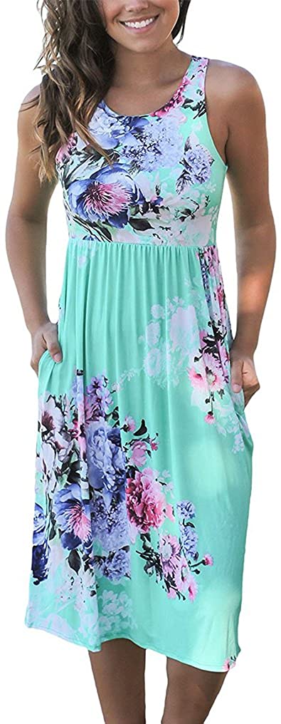 Women Summer Sleeveless Floral Print Racerback Midi Sun Dresses with Pocket