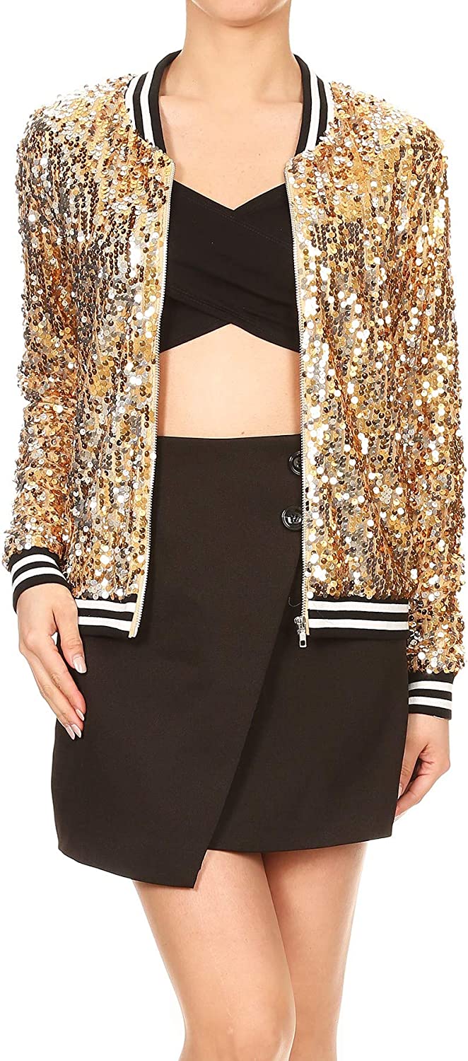 Anna-Kaci Womens Sequin Long Sleeve Front Zip Jacket with Ribbed Cuffs