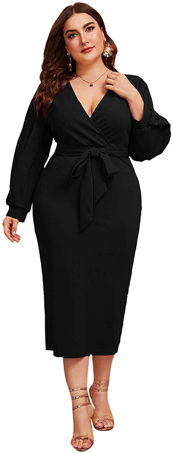 Women's Plus Size V Neck Lantern Sleeve Midi Belted Bodycon Dress