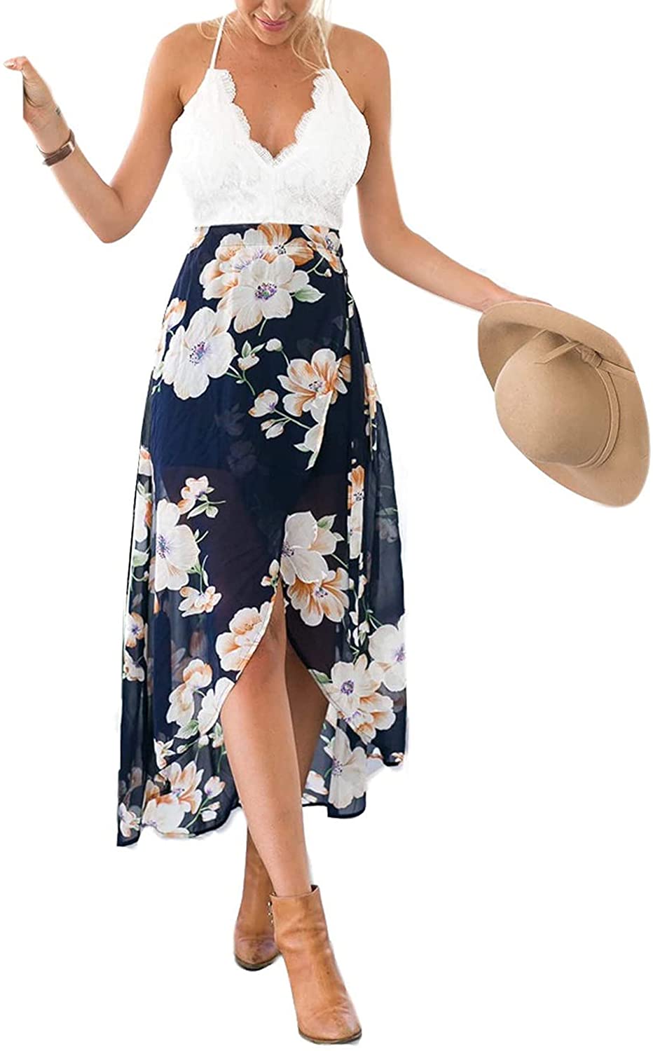 Women's Deep V Neck Sleeveless Summer Asymmetrical Floral Maxi Dress