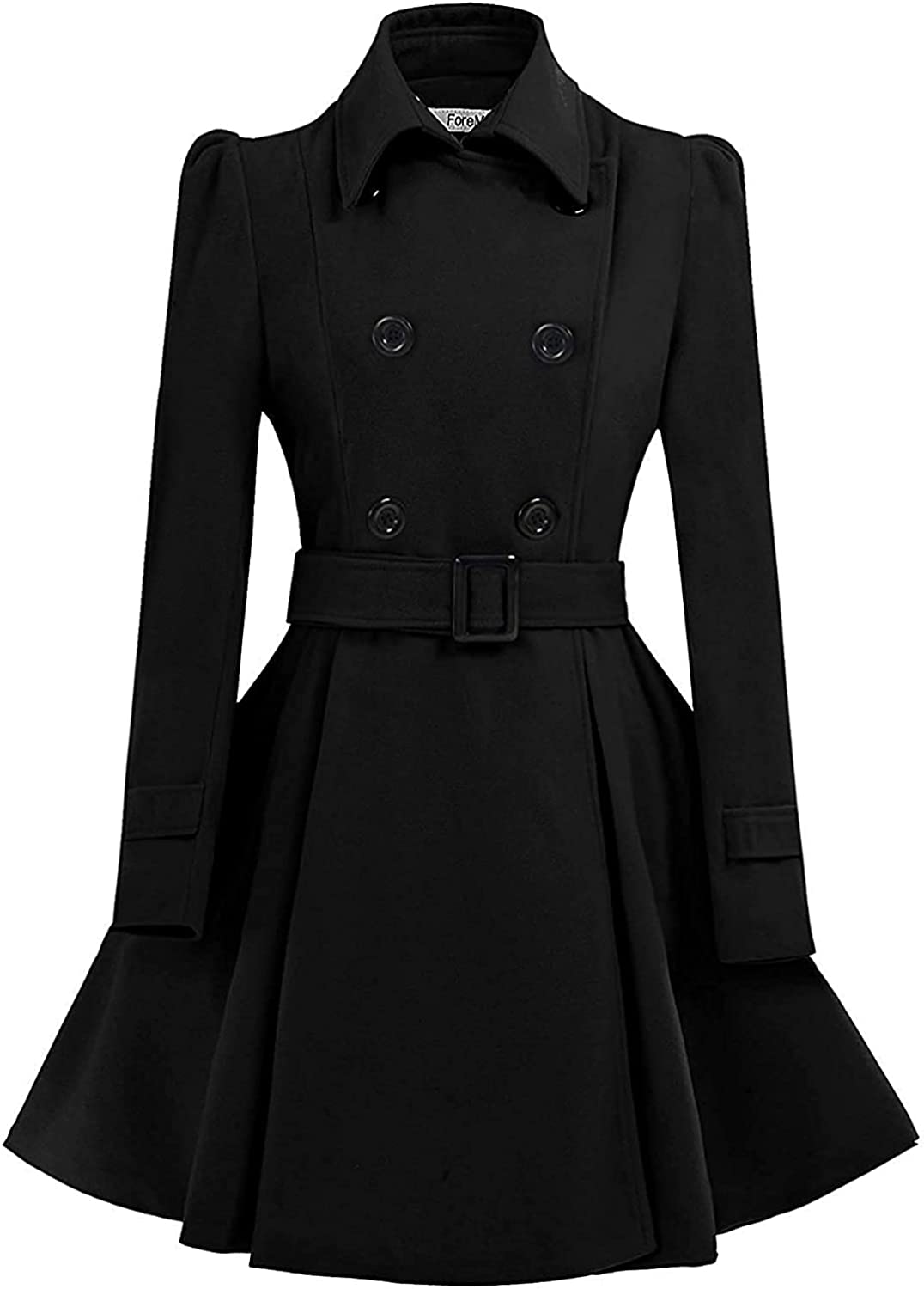 ForeMode Women Swing Double Breasted Wool Pea Coat with Belt Buckle Spring Mid-Long Long Sleeve Lapel Dresses Outwear