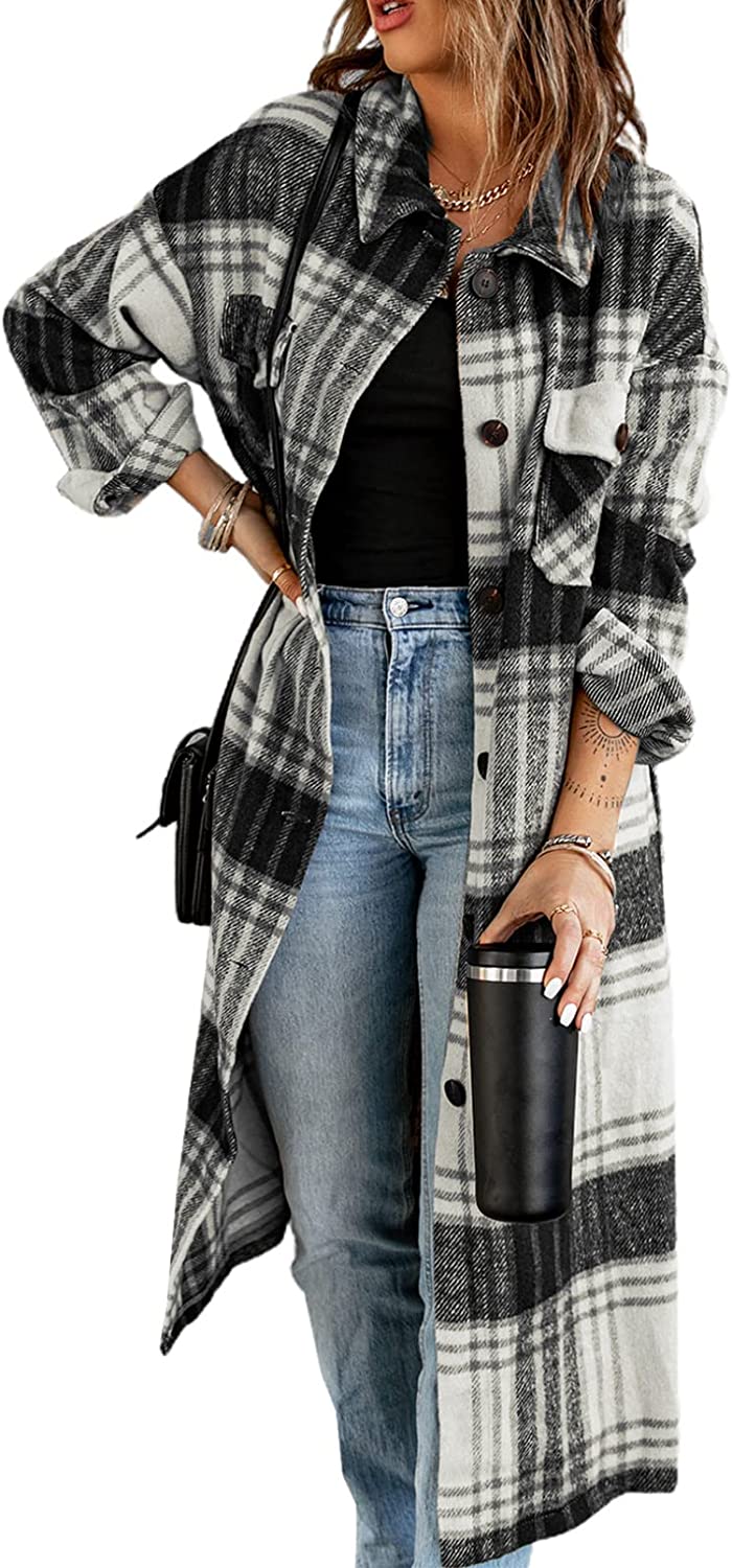 SHEWIN Women's Casual Lapel Button Down Long Plaid Shirts Coat Tartan Shacket Jacket