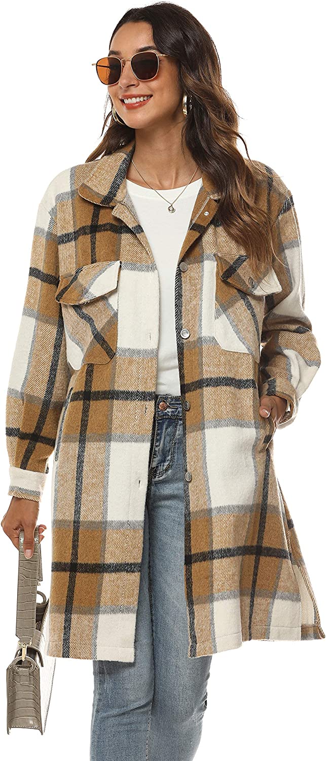 Springrain Women's Casual Plaid Wool Blend Shacket Button Shirt Long Jacket Coat
