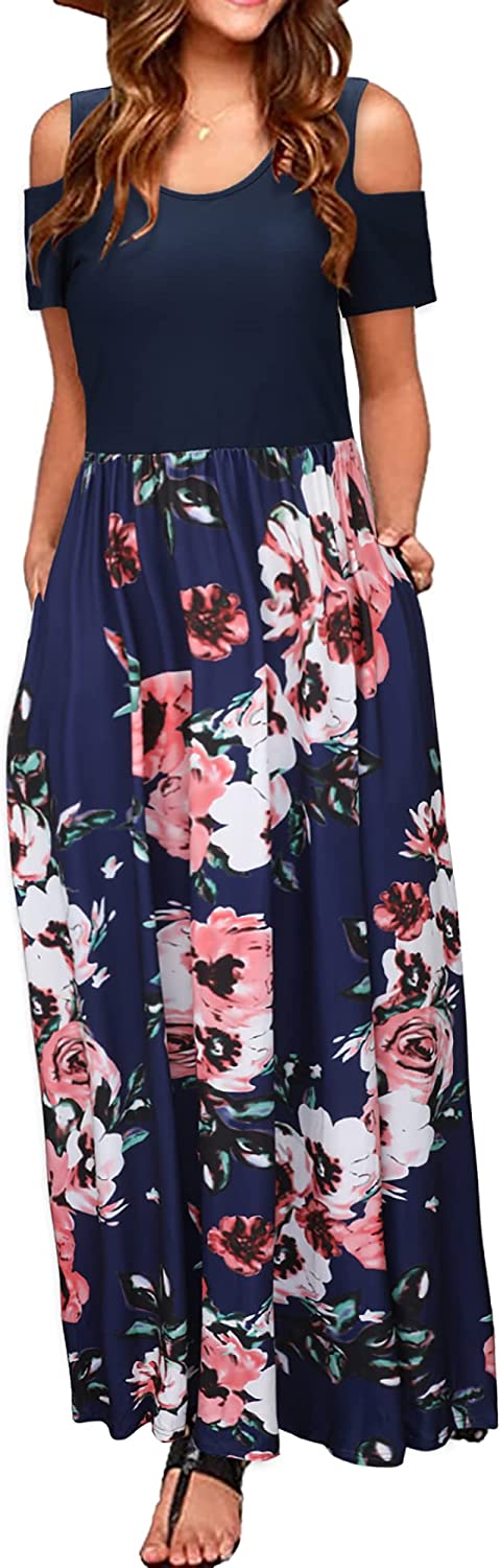 Women's Summer Cold Shoulder Floral Maxi Long Dress with Pocket
