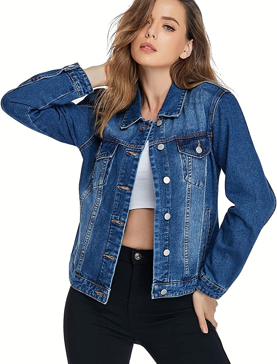 PEIQI Classic Jean Jackets for Women Basic Long Sleeve Button Downs Ripped Denim Jackets