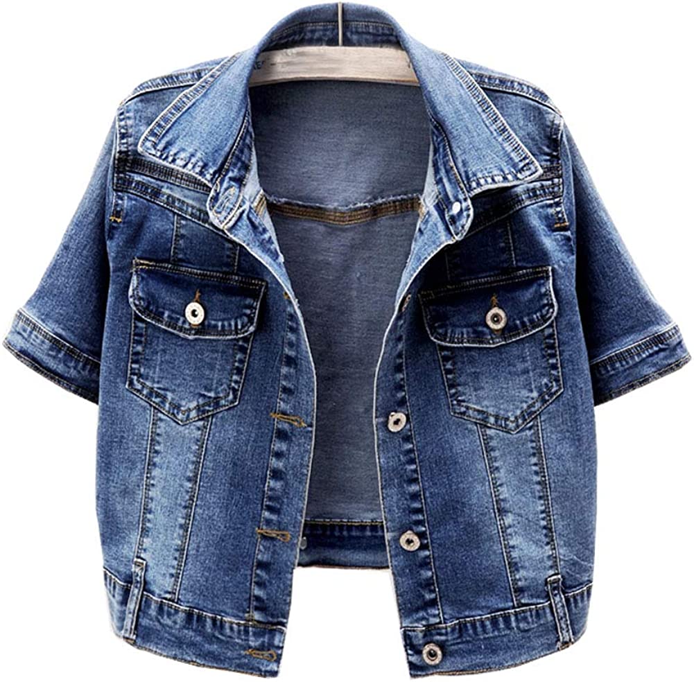 Women Short Sleeve Denim Jacket Button Down Shawl Stretch Denim Jean Jacket
