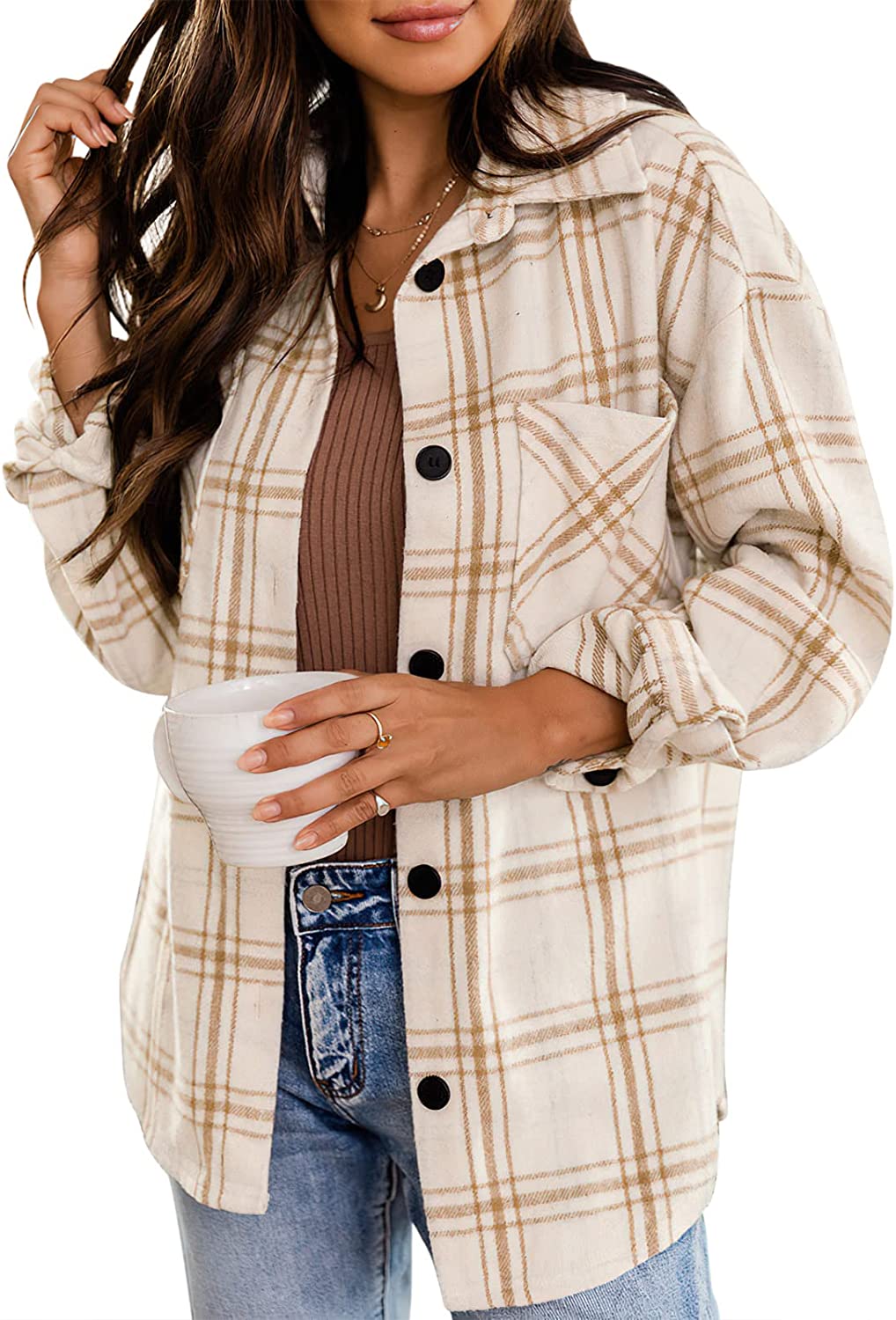 LOGENE Womens Casual Plaid Shirts Color Block Long Sleeve Lapel Button Jacket Coats with Pockets