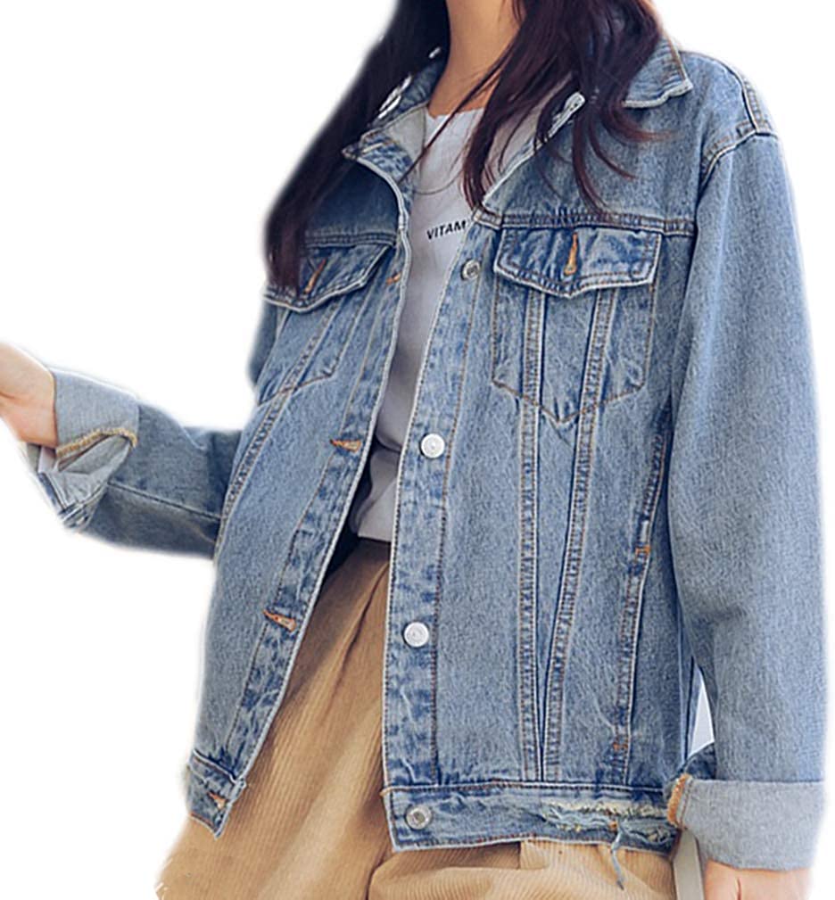 Saukiee Oversized Denim Jacket Distressed Boyfriend Jean Coat Jeans Trucker Jacket for Women Girls