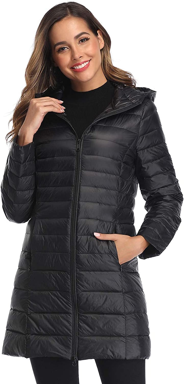 Obosoyo Women's Winter Packable Down Jacket Plus Size Ultralight Long Down Outerwear Puffer Jacket Hooded Coat
