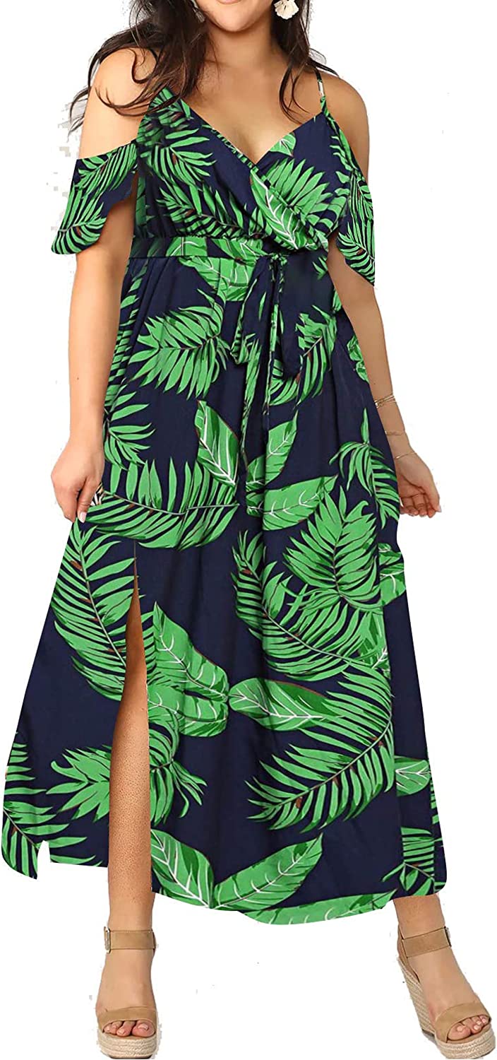 Women Plus Size Cold Shoulder Floral Maxi Bohemian Split Dress