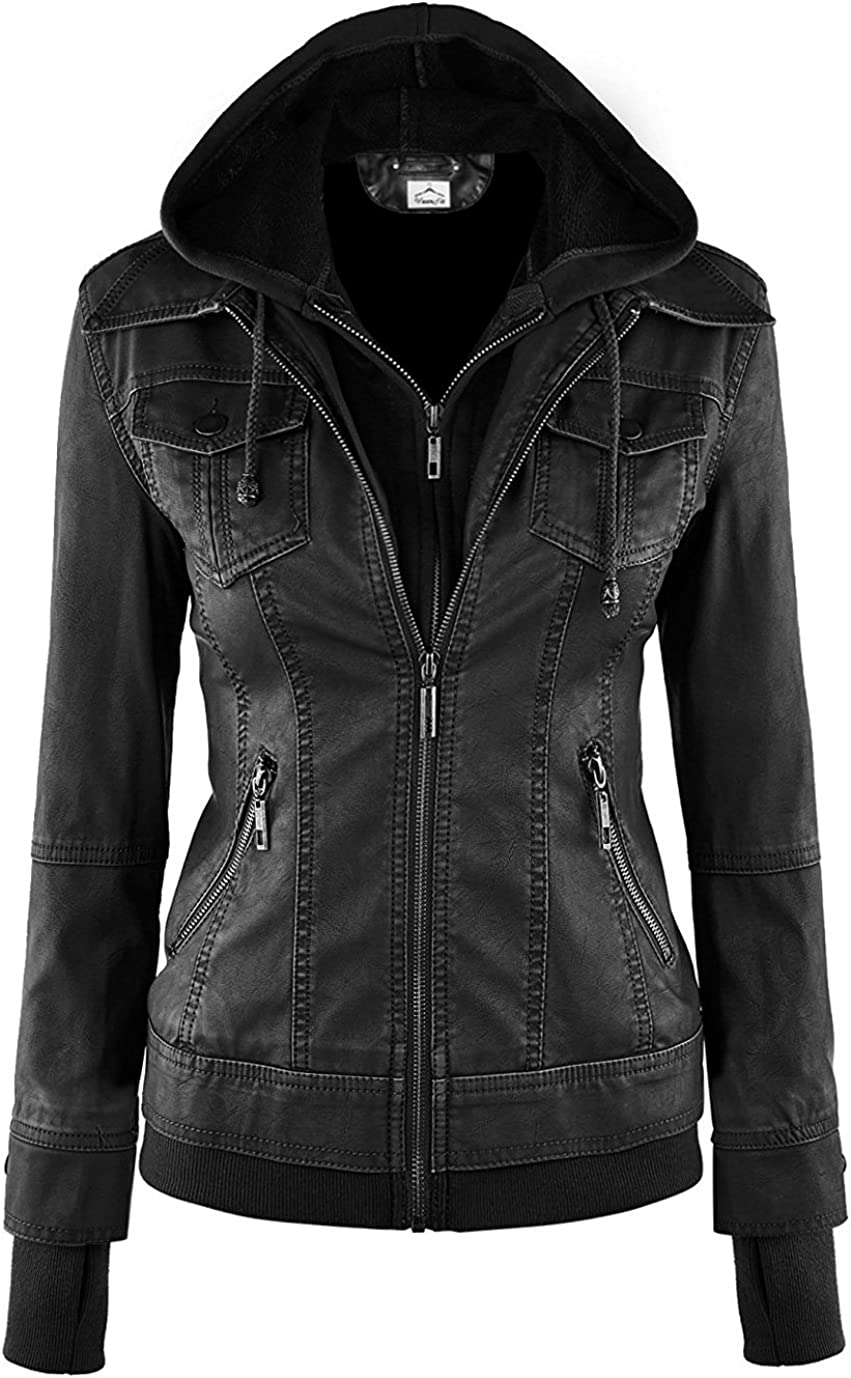 VearFit Women's Sparteens Real Leather Jacket Bomber Removable Hood for Women