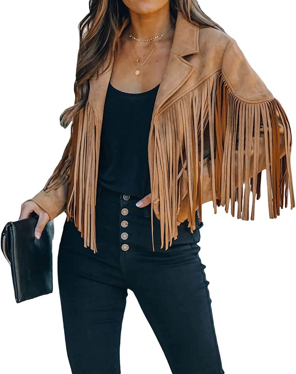 CHARTOU Women's Chic Cropped Tassel Fringe Faux Suede Moto Jacket