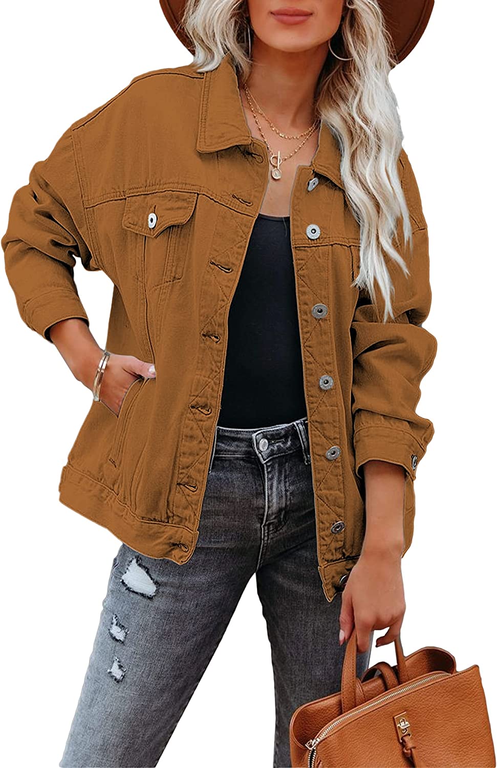 luvamia Womens Jean Jacket Oversized Boyfriend Trucker Denim Jackets for Women Shacket