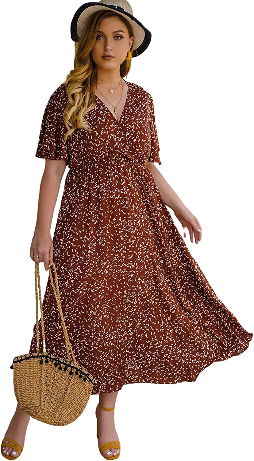 Women's Plus Size Boho Floral V Neck Short Sleeve A Line Long Dress