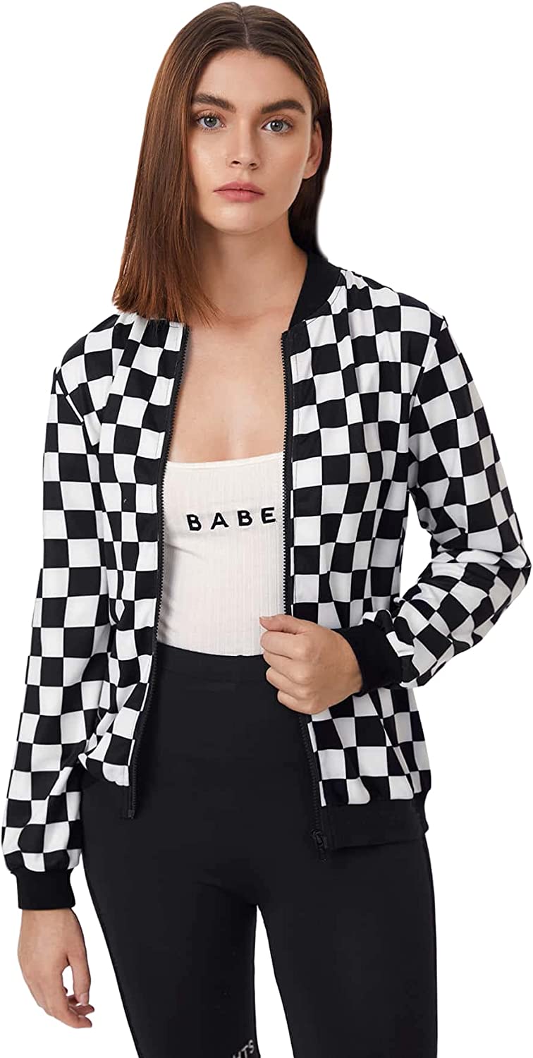 WDIRARA Women's Zip Front Plaid Print Long Sleeve Stand Collar Casual Jacket