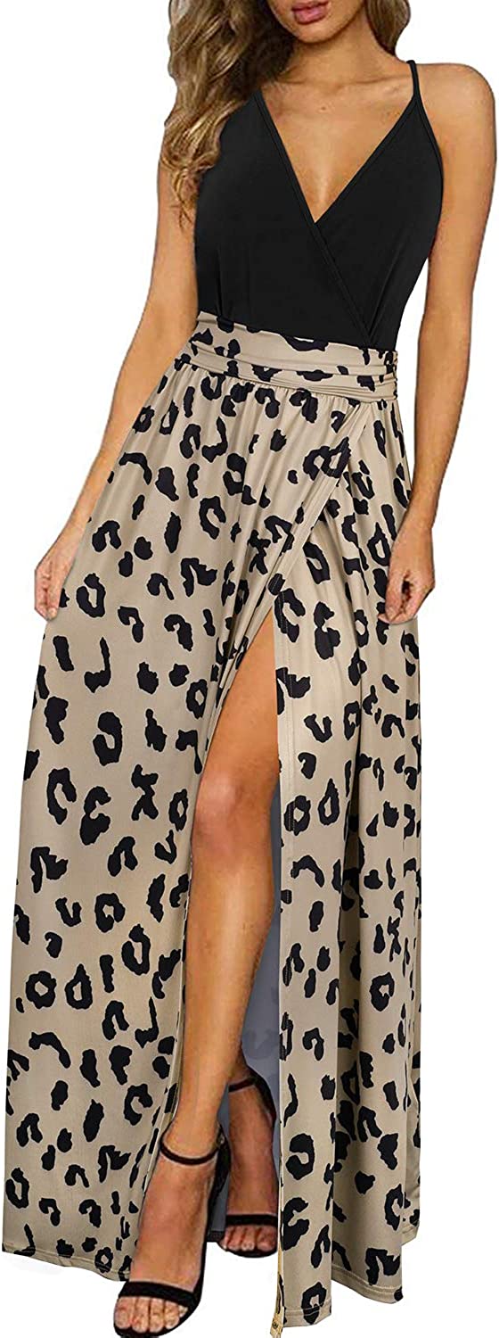 Women's Summer V Neck Spaghetti Strap Sleeveless Casual Split Long Maxi Dress