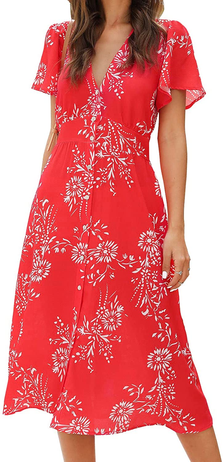 Women's Floral Button Up Split Dress Deep V Short Bell Sleeve Casual Midi Dress with Pockets