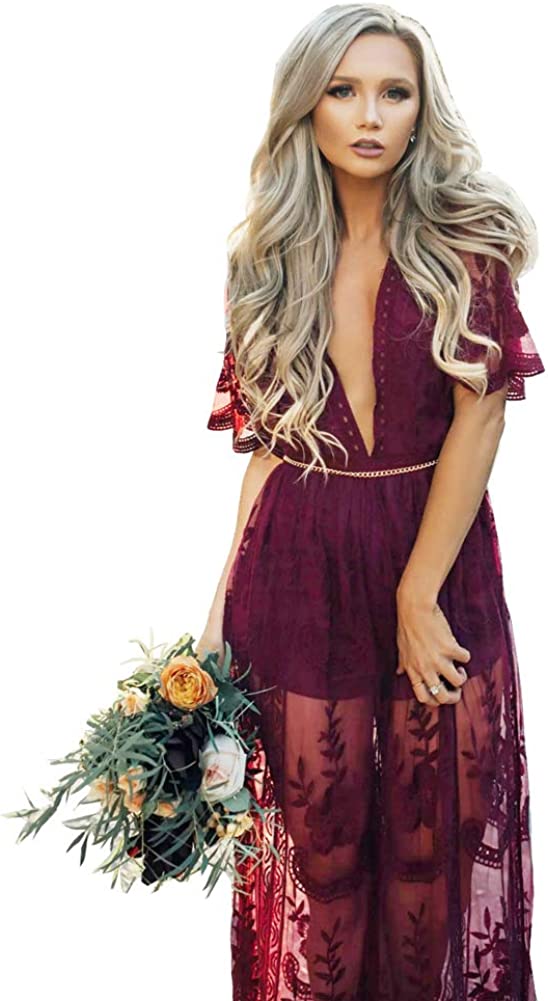 Women's Deep V-Neck Lace Romper Short Sleeve Long Dress