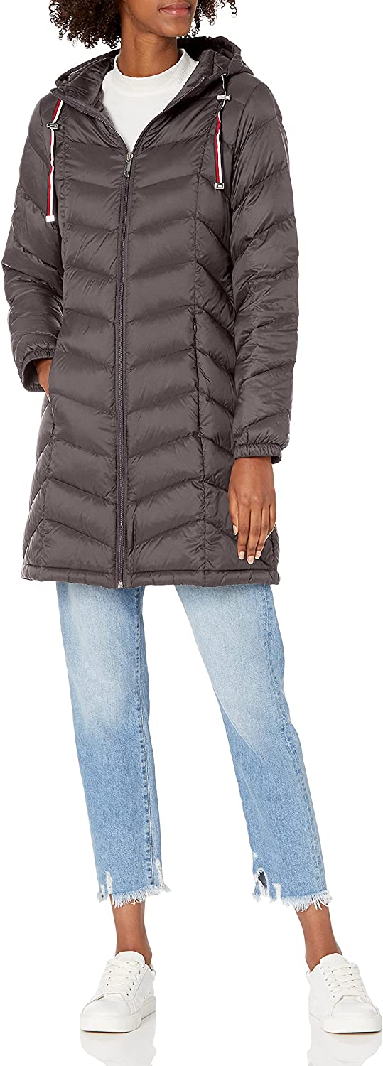Tommy Hilfiger Women's Mid-Length Puffer Hooded Down Jacket with Drawstring Packing Bag