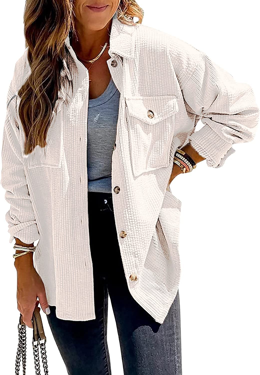 Beyove Women's Corduroy Shirt Long Sleeve Button Down Shacket Jacket Casual Oversized top with Pockets