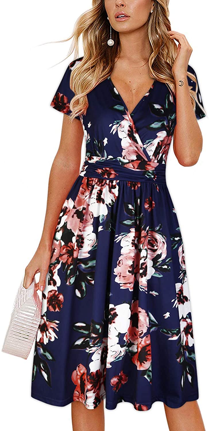 Women's Summer Short Sleeve V-Neck Floral Short Party Dress with Pockets