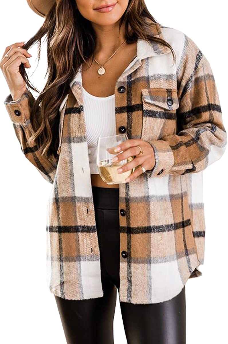 Trendy Queen Womens Flannel Shacket Jacket Casual Plaid Wool Blend Button Down Long Sleeve Shirt Fall Clothes Outfits 2022