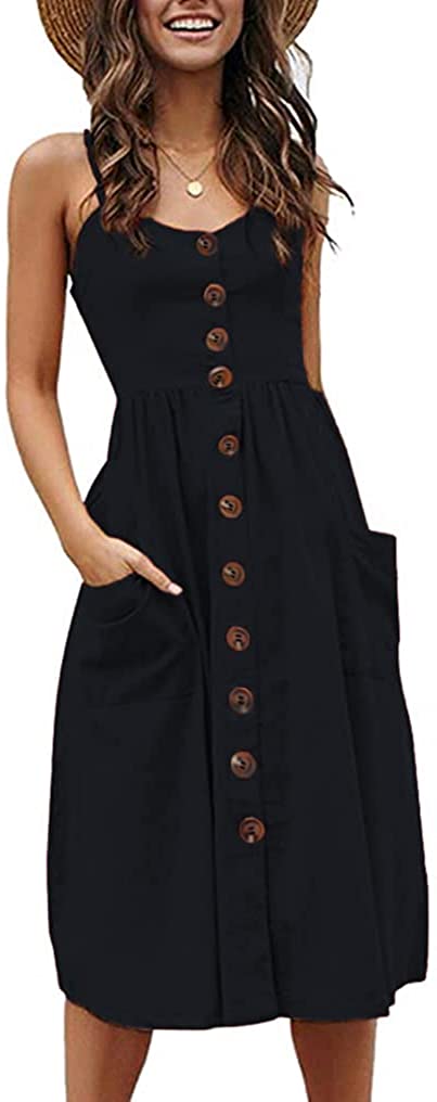 Womens Summer Dresses Casual Spaghetti Strap Floral Button Down Swing Midi Dress with Pockets