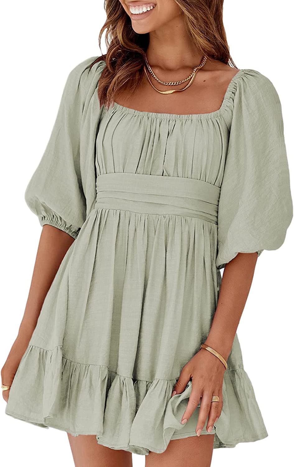 Womens Square Neck Summer Dress Tie Back Long Lantern Sleeve Ruffle A-Line Casual Mini Dress