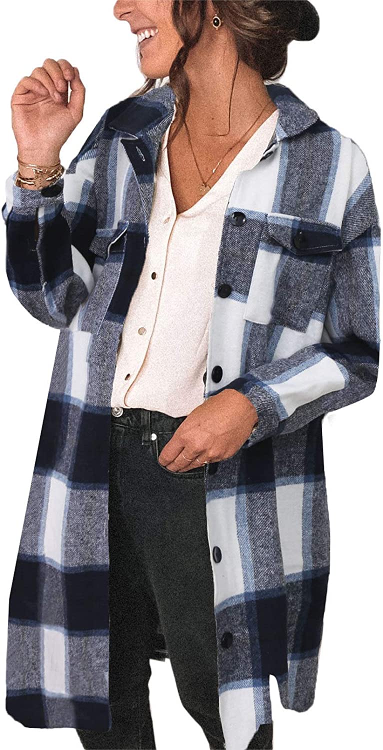 Sidefeel Women Plaid Long Sleeve Button Down Collar Long Shirt Oversized Coat