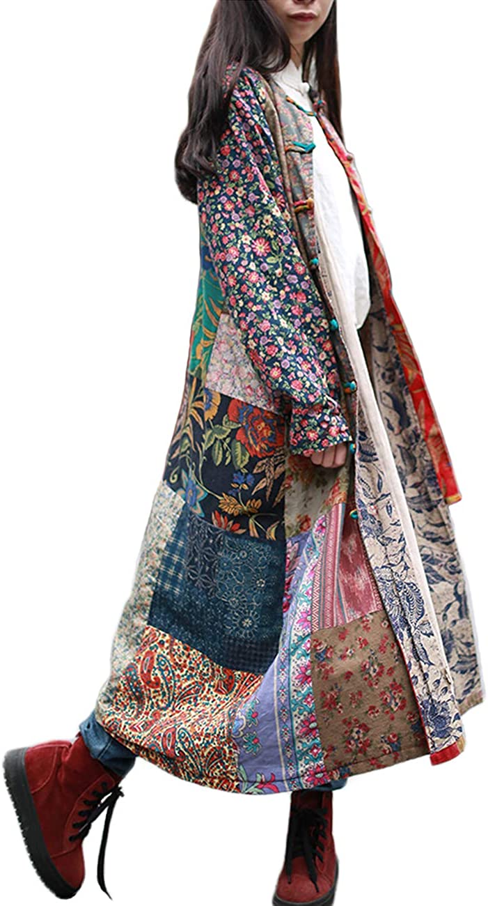 LZJN Women's Trench Coat Floral Print Jacket Chinese Style Patchwork Outwear