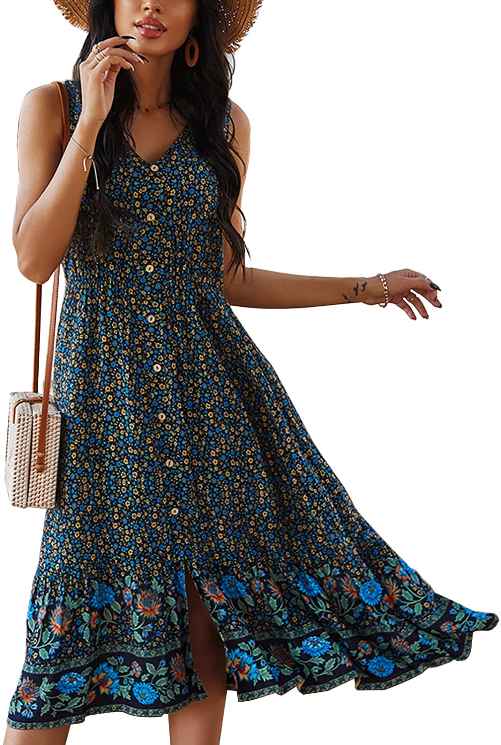 Women Dress Summer Sleeveless Floral Bohemian V Neck Button Down Flowy Dresses S-XL