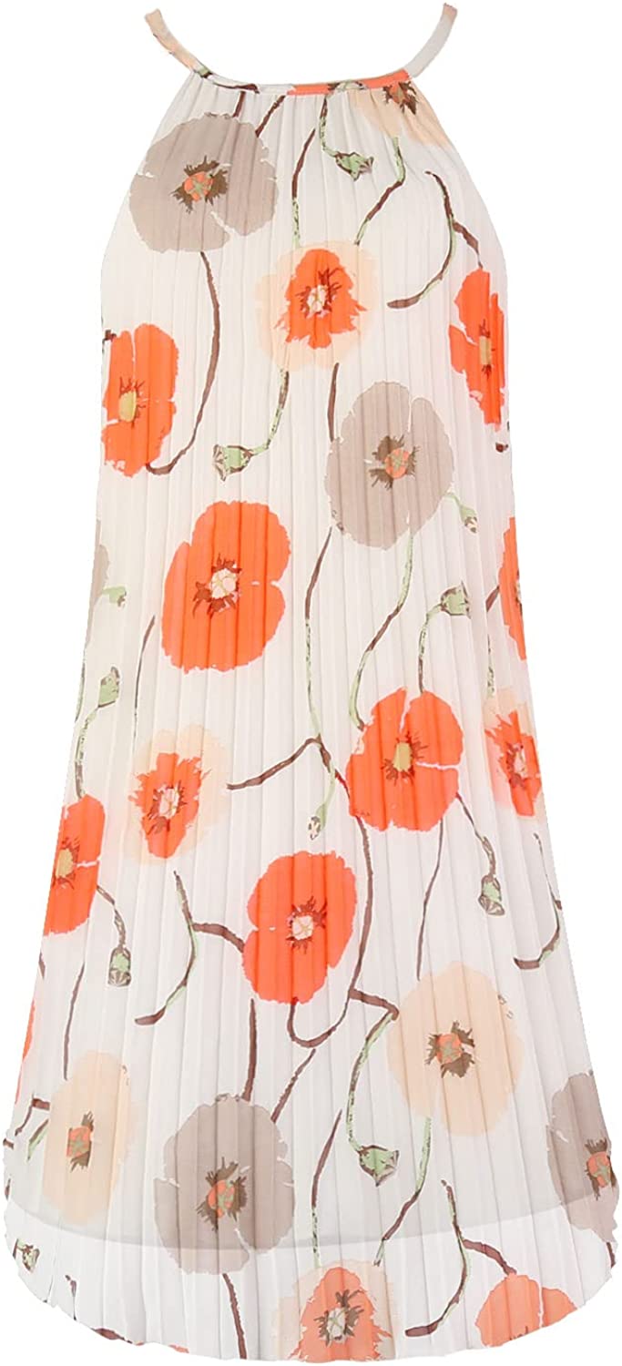 Women's Summer Spaghetti Strap Pleated Casual Swing Midi Dress with Belt