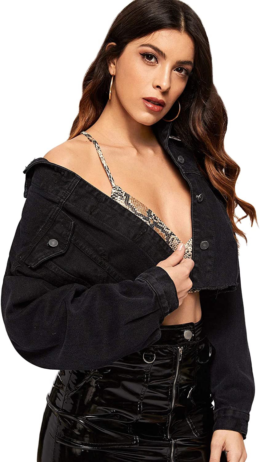 Floerns Women's Casual Drop Shoulder Ripped Crop Denim Jacket