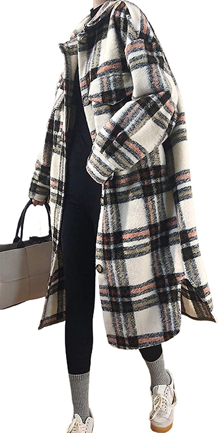CHARTOU Women's Lightweight Spread Collar Wool Blend Plaid Midi Long Shacket Trench Coat