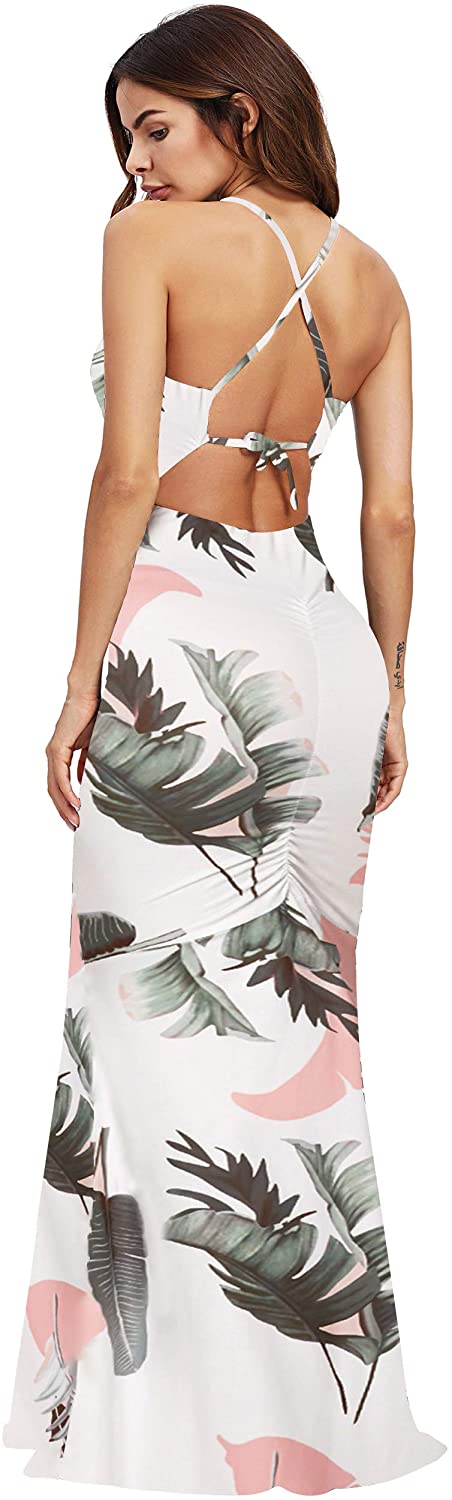 Women's Floral Strappy Backless Summer Evening Party Maxi Dress