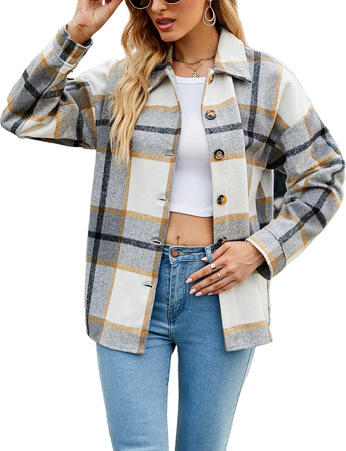 Yeokou Women's Fall Color Block Plaid Flannel Shacket Jacket Button Down Shirt Coat Tops