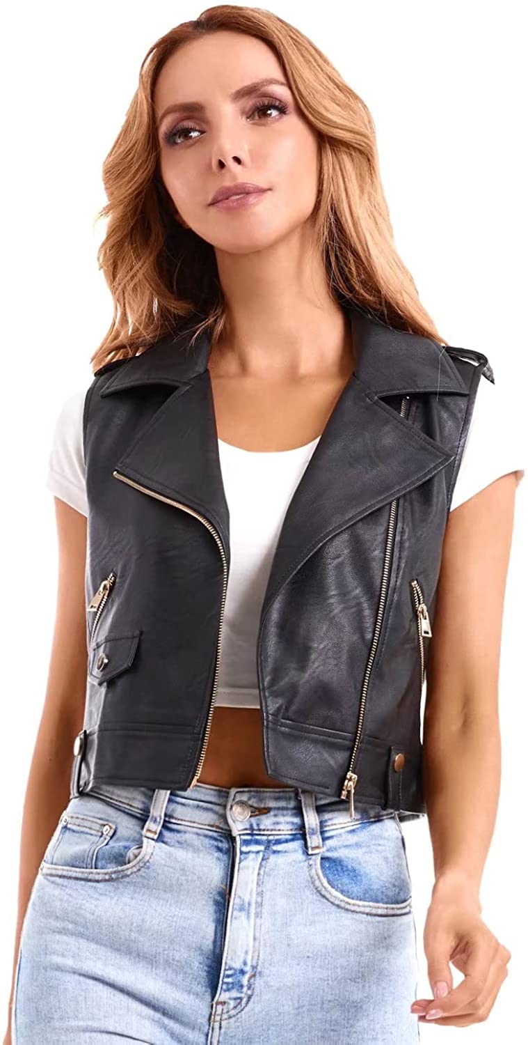 DIASHINY Faux Leather Vest For Women Long Lapel Sleeveless Drape Open Front PU Cardigan
