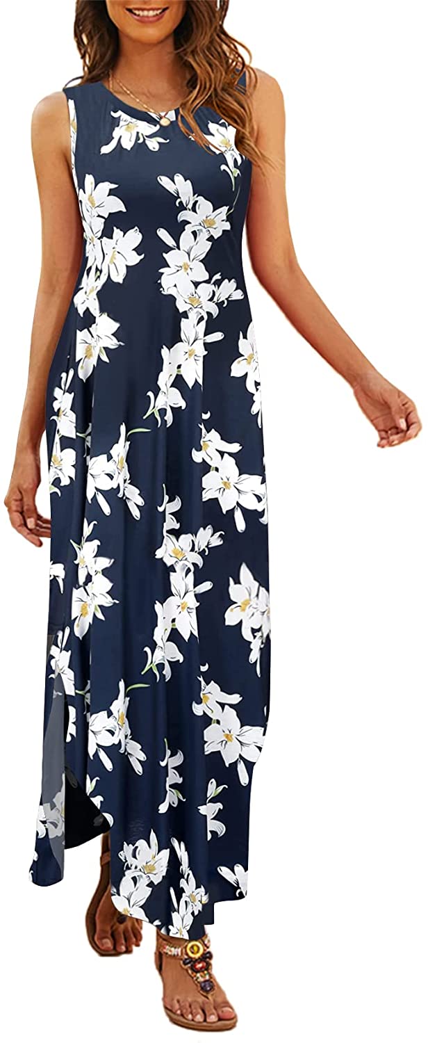 Women's Casual Summer Sleeveless Dress Loose Split Maxi Dresses with Pockets