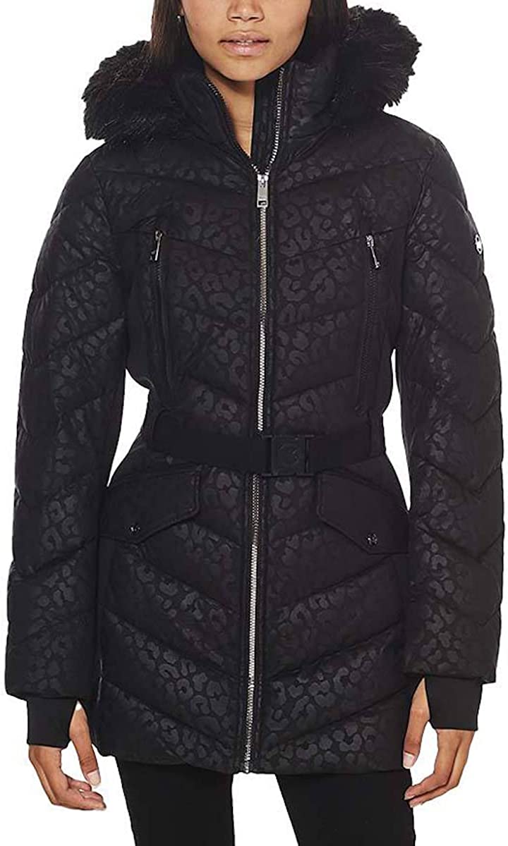 Michael Michael Kors Women's Logo Leopard Belted Hood Puffer Coat Black Animal